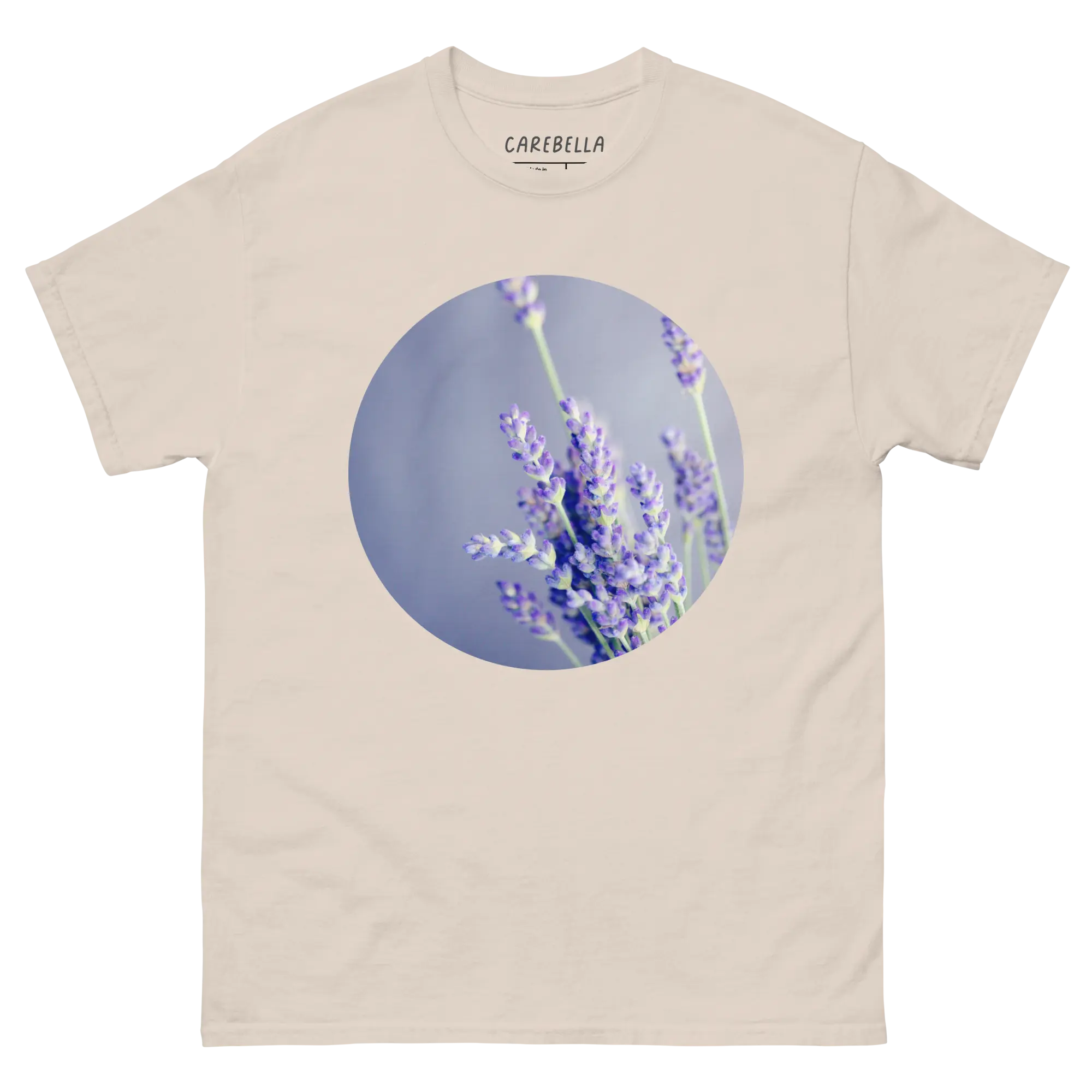 Lavender Field | Flat lay of a floral t-shirt from our flower shirts collection | Natural shirt