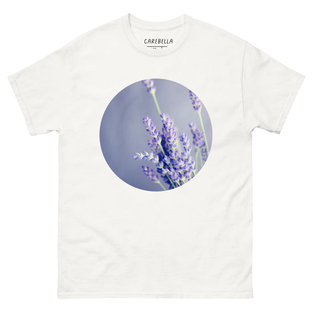 Lavender Field | Flat lay of a floral t-shirt from our flower shirts collection | White shirt