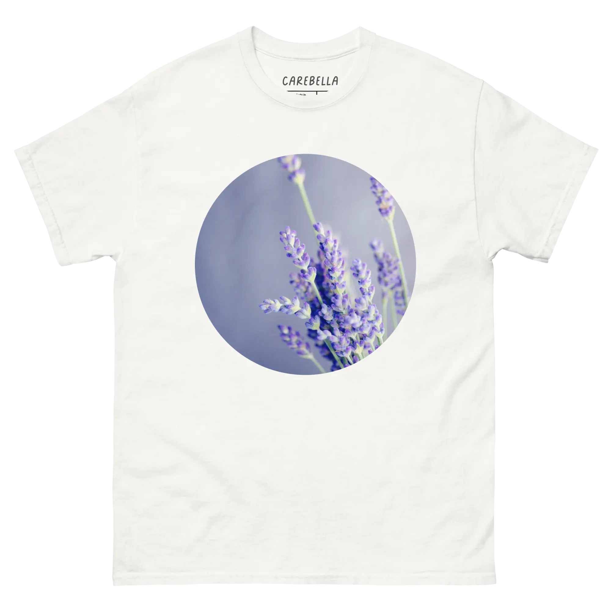 Lavender Field | Flat lay of a floral t-shirt from our flower shirts collection | White shirt