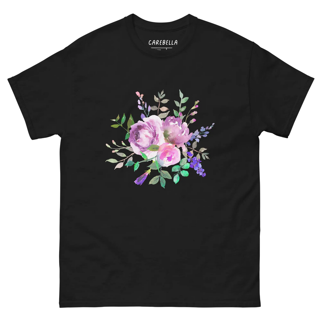Lavender Haze | Flat lay of a floral t-shirt from our flower shirts collection | Black shirt