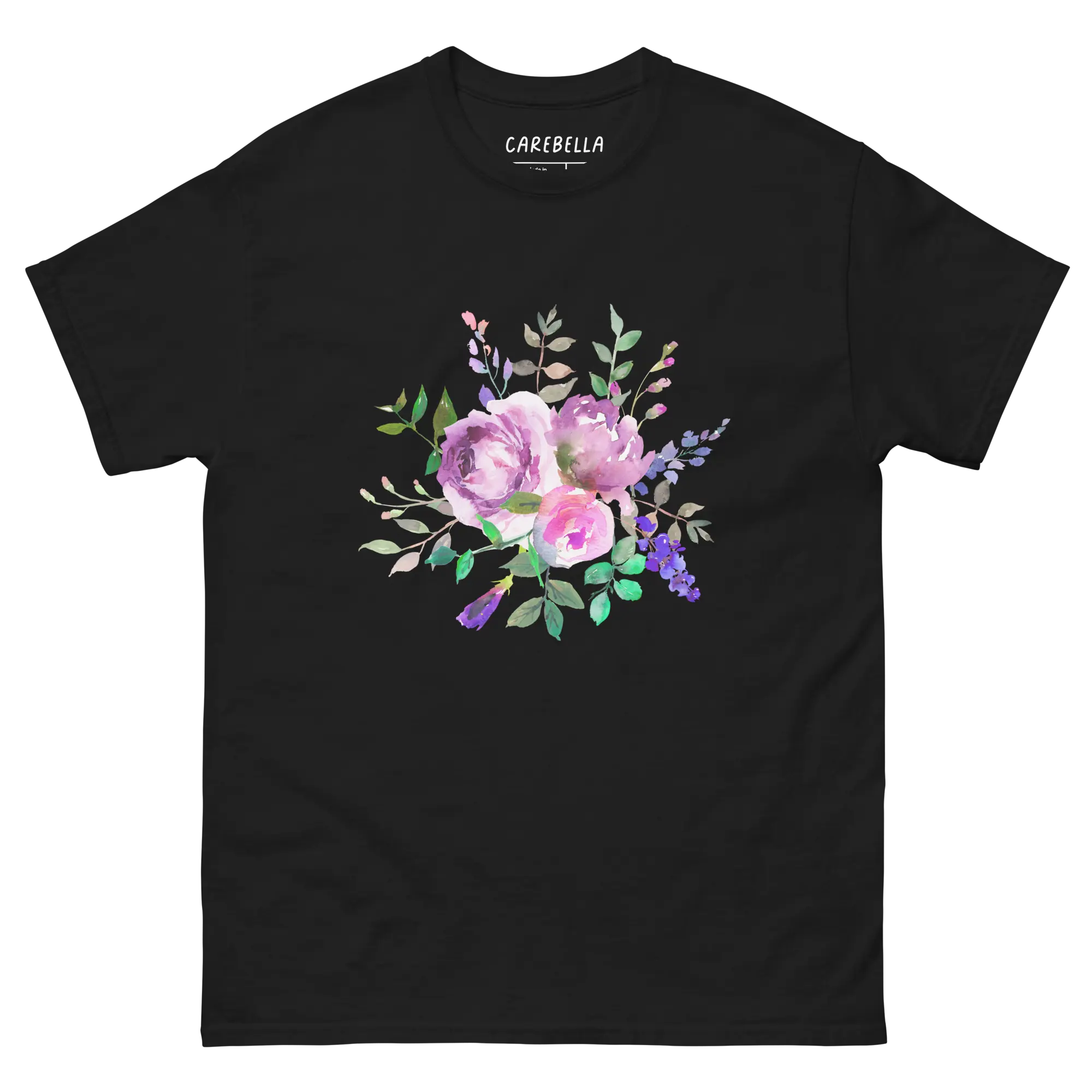 Lavender Haze | Flat lay of a floral t-shirt from our flower shirts collection | Black shirt