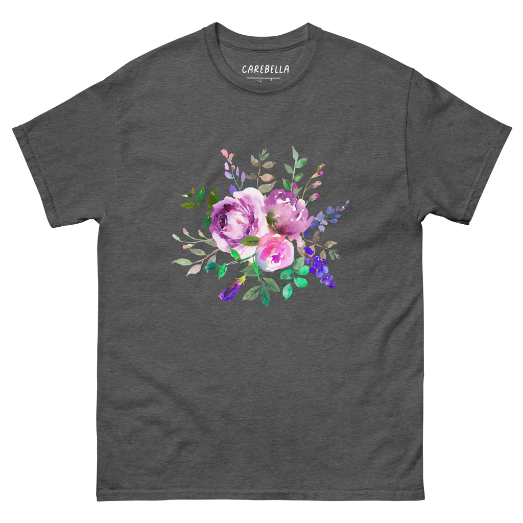 Lavender Haze | Flat lay of a floral t-shirt from our flower shirts collection | Gray shirt