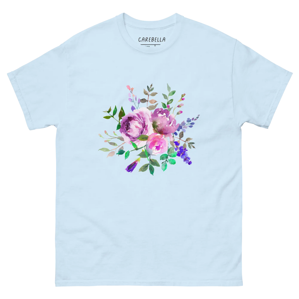 Lavender Haze | Flat lay of a floral t-shirt from our flower shirts collection | Light blue shirt