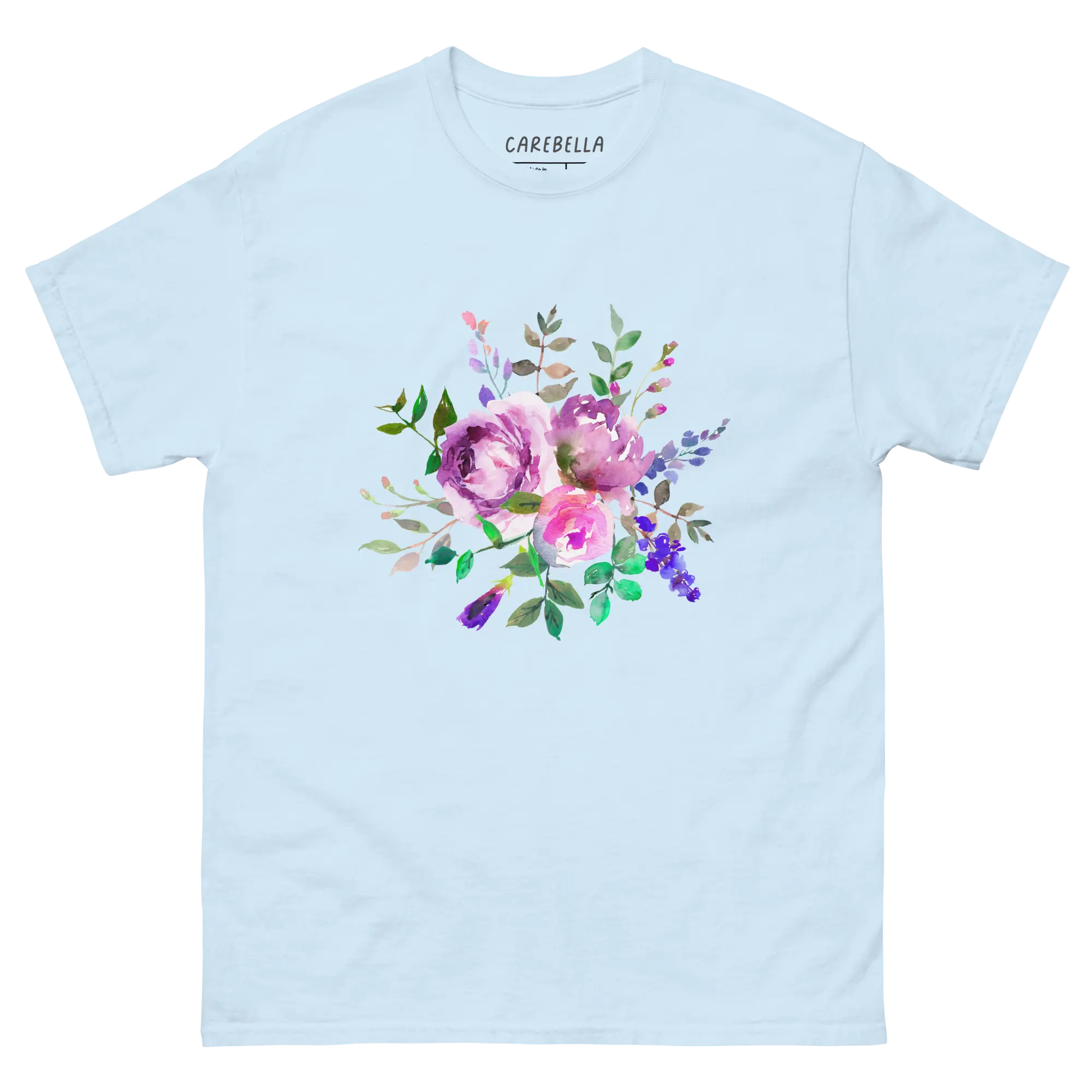 Lavender Haze | Flat lay of a floral t-shirt from our flower shirts collection | Light blue shirt