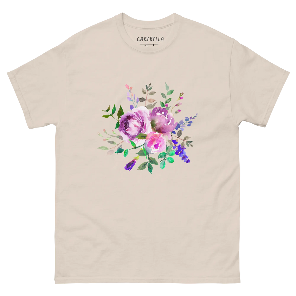 Lavender Haze | Flat lay of a floral t-shirt from our flower shirts collection | Natural shirt