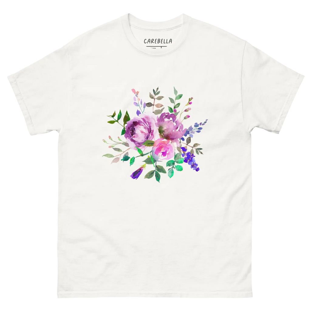Lavender Haze | Flat lay of a floral t-shirt from our flower shirts collection | White shirt
