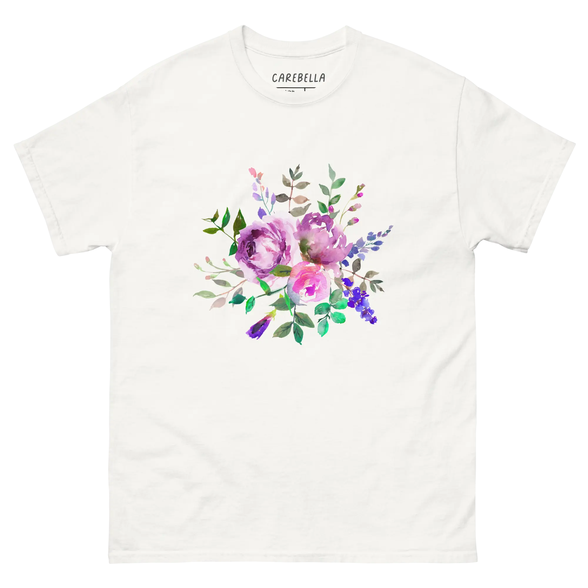 Lavender Haze | Flat lay of a floral t-shirt from our flower shirts collection | White shirt