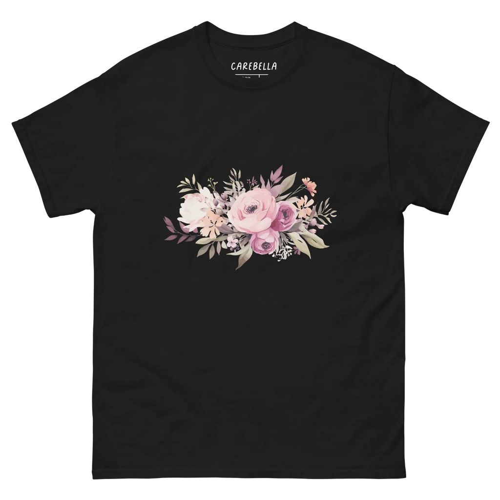 Mauve Magic | Flat lay of a floral t-shirt from our flower shirts collection | Black shirt