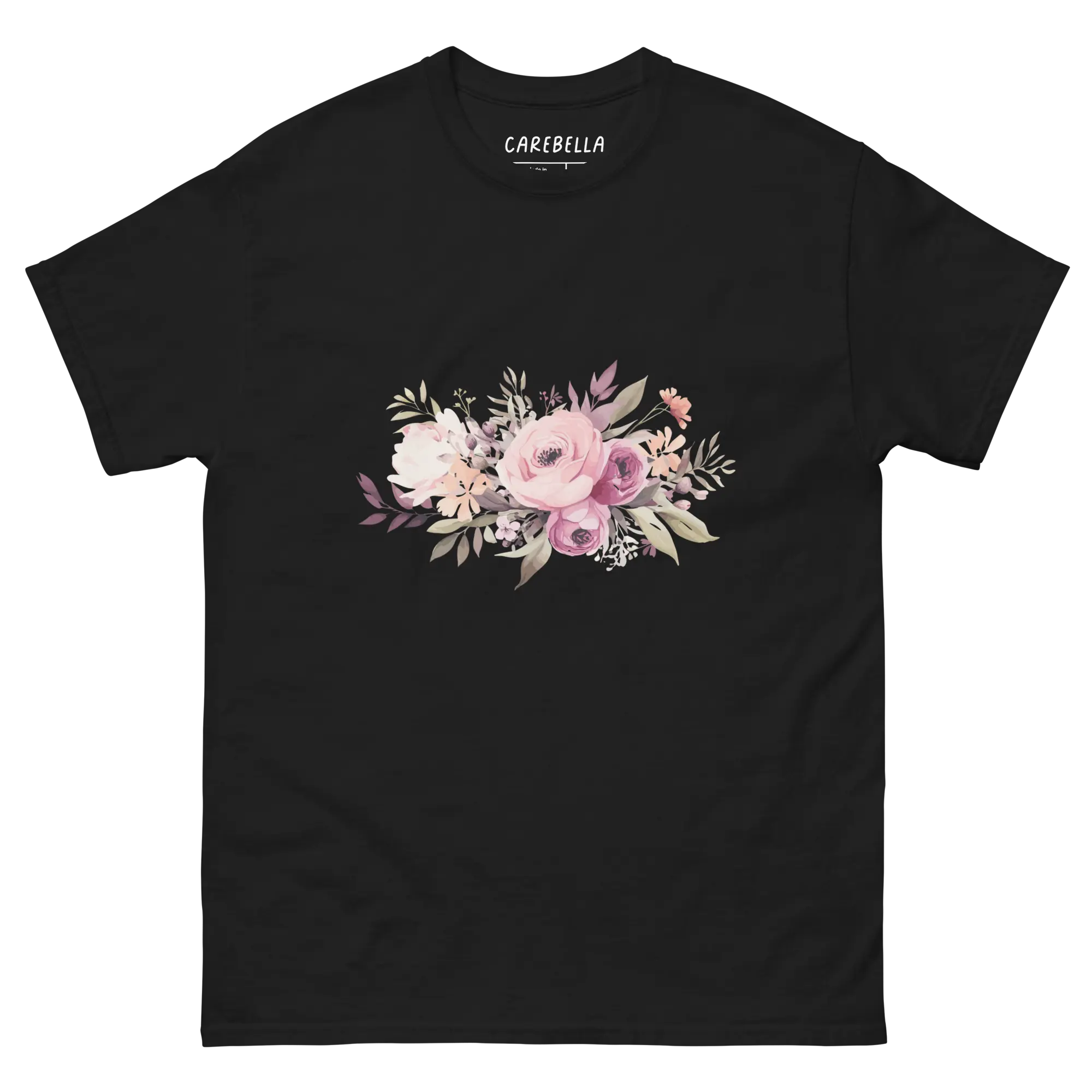 Mauve Magic | Flat lay of a floral t-shirt from our flower shirts collection | Black shirt
