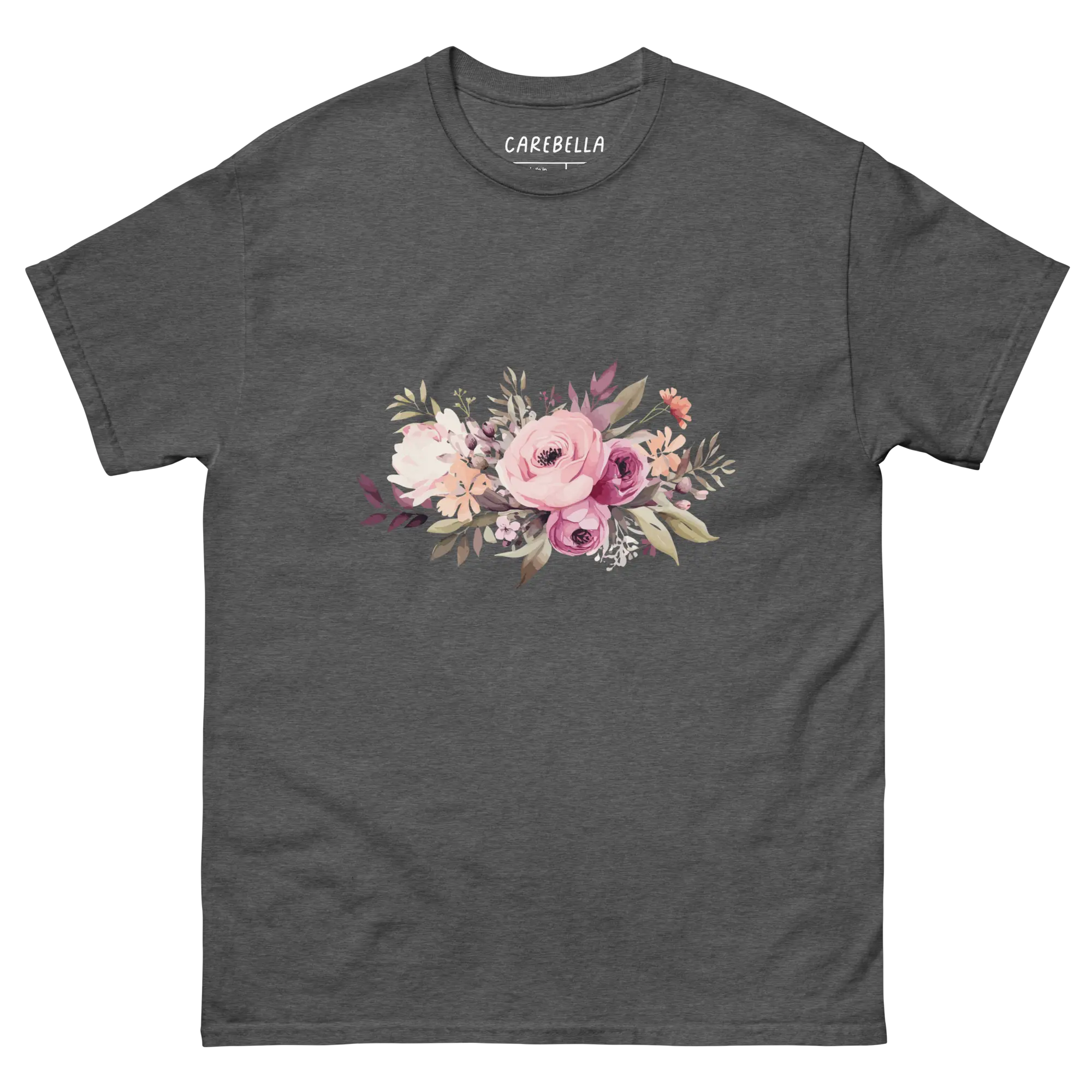Mauve Magic | Flat lay of a floral t-shirt from our flower shirts collection | Gray shirt