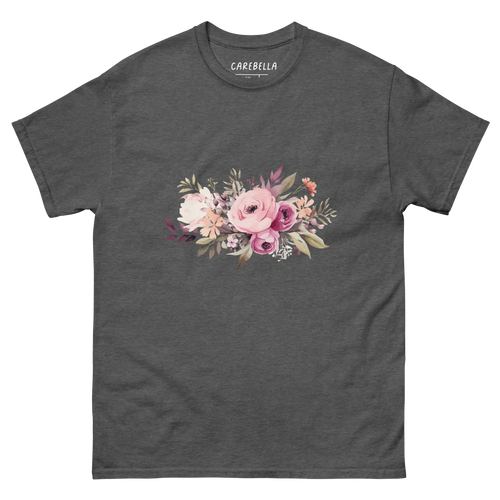 Mauve Magic | Flat lay of a floral t-shirt from our flower shirts collection | Gray shirt