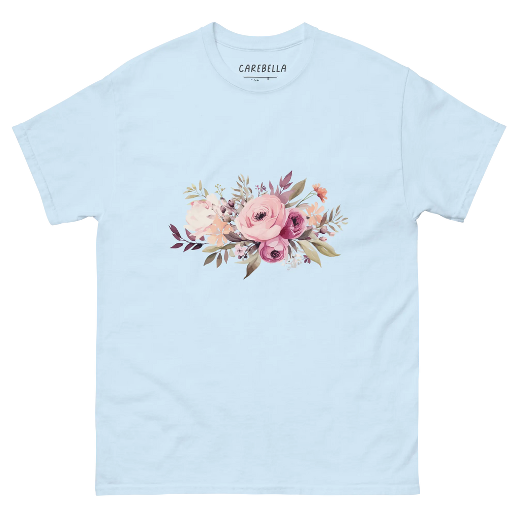 Mauve Magic | Flat lay of a floral t-shirt from our flower shirts collection | Light blue shirt
