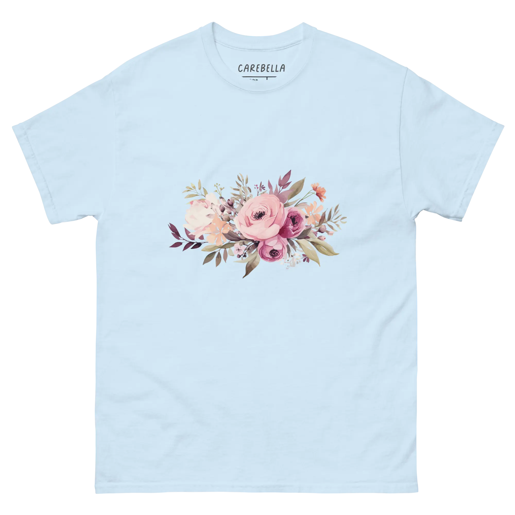 Mauve Magic | Flat lay of a floral t-shirt from our flower shirts collection | Light blue shirt