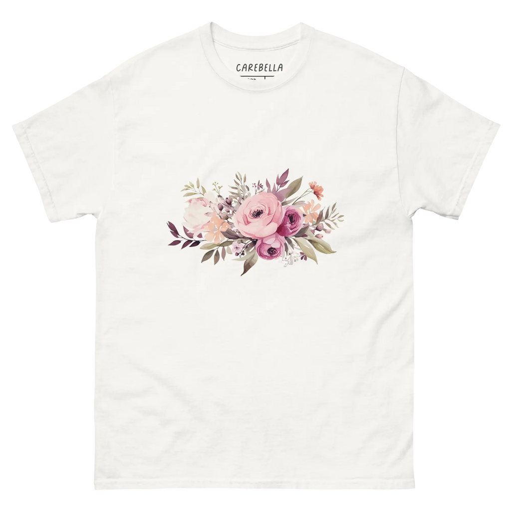 Mauve Magic | Flat lay of a floral t-shirt from our flower shirts collection | White shirt