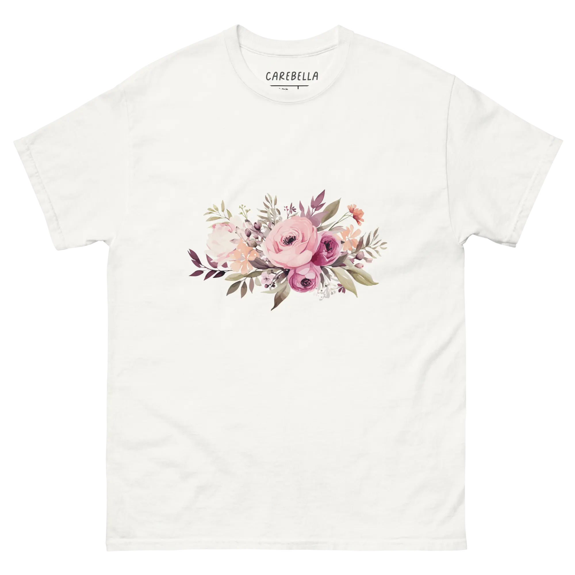 Mauve Magic | Flat lay of a floral t-shirt from our flower shirts collection | White shirt