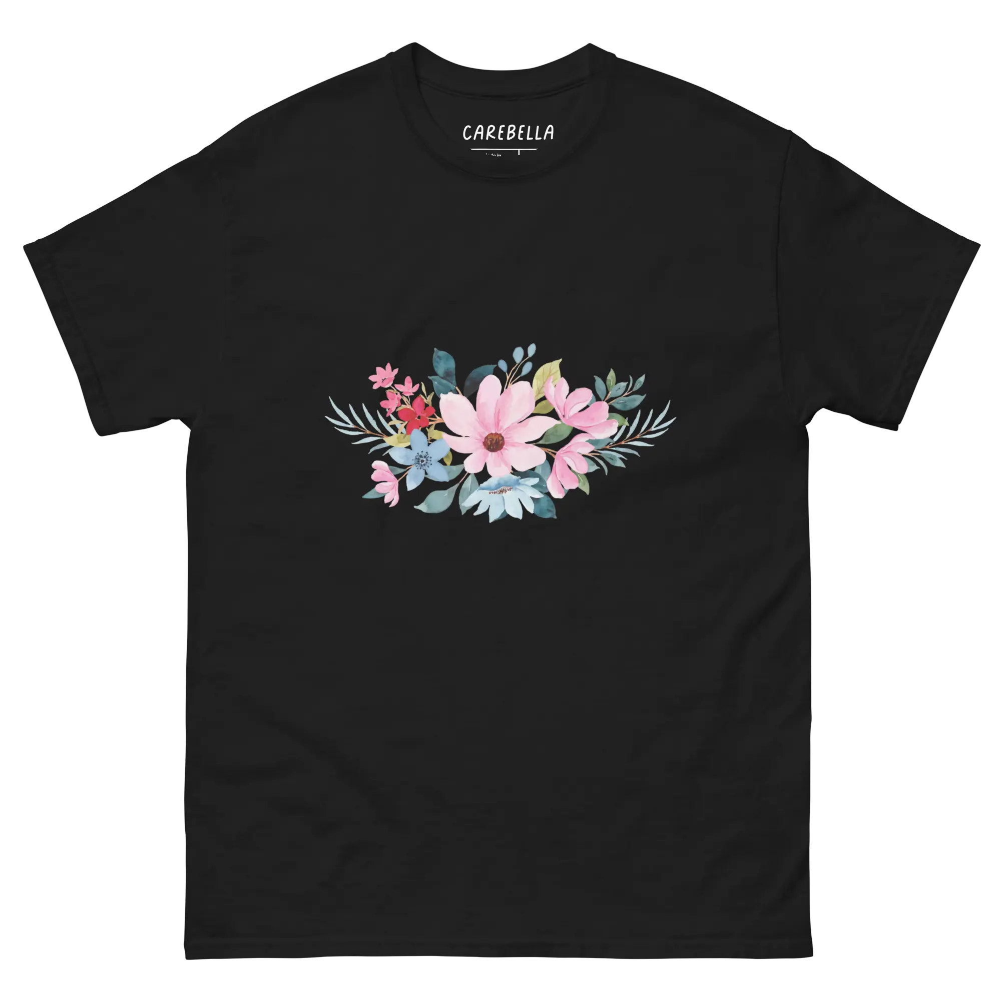Navy Whisper | Flat lay of a floral t-shirt from our flower shirts collection | Black shirt