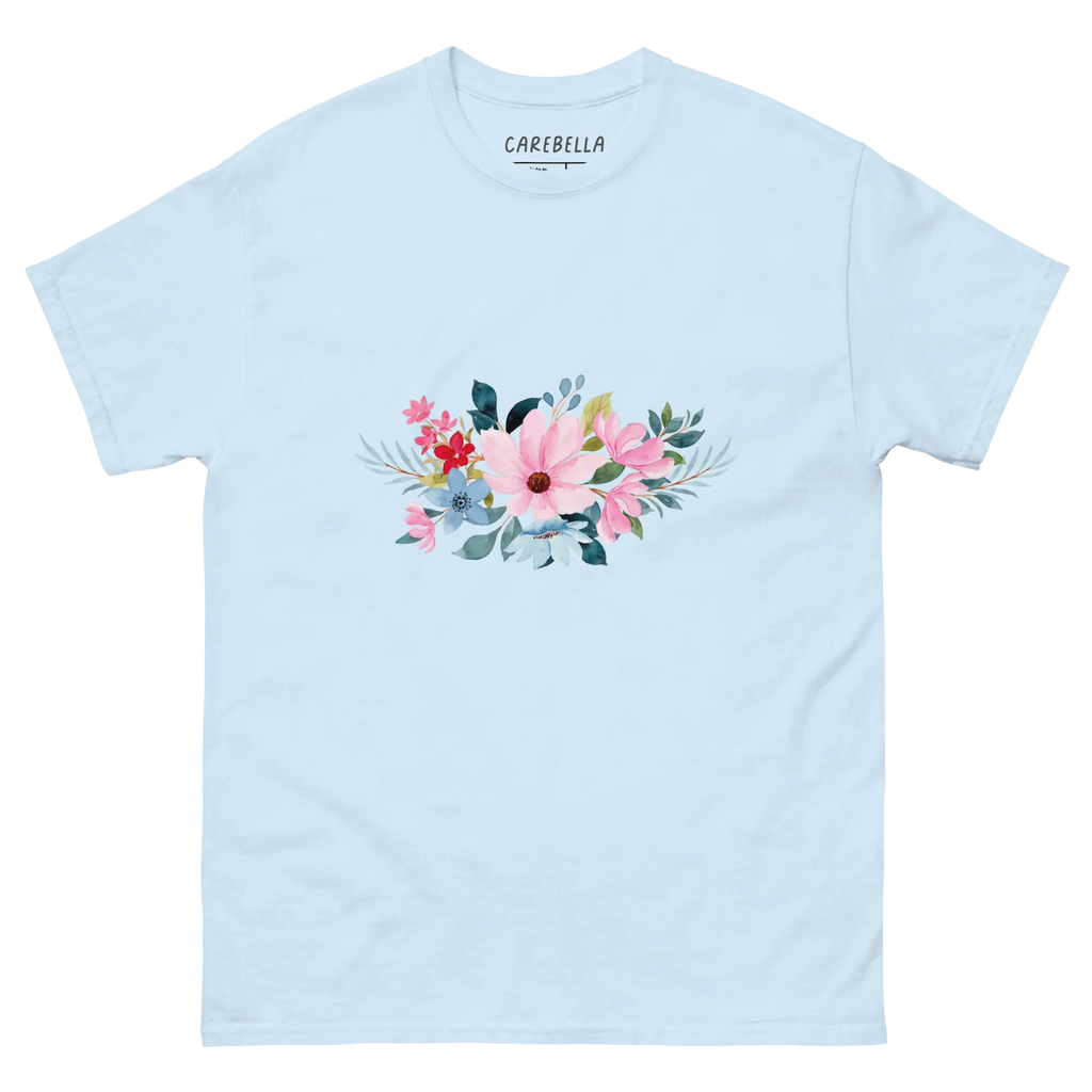 Navy Whisper | Flat lay of a floral t-shirt from our flower shirts collection | Light blue shirt