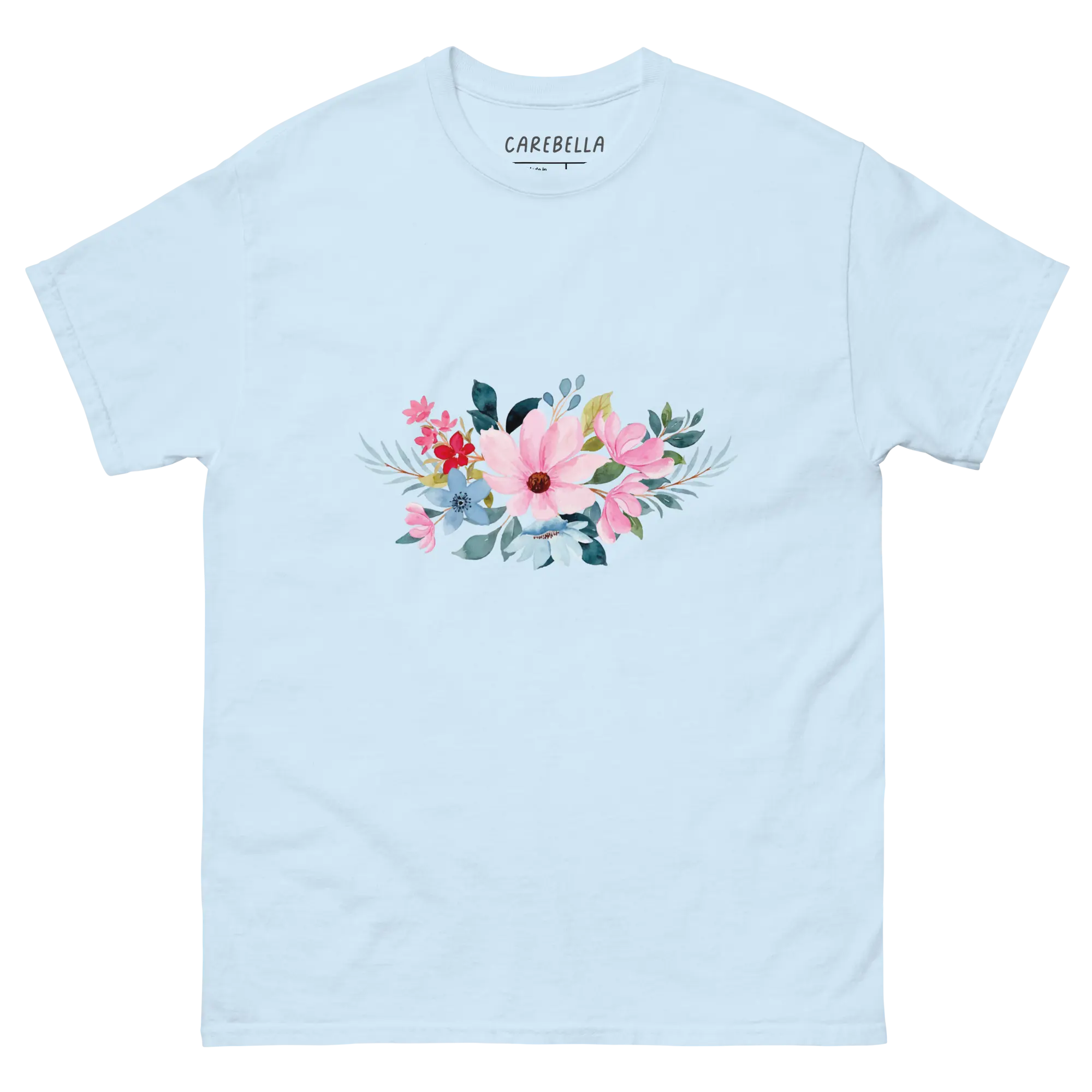 Navy Whisper | Flat lay of a floral t-shirt from our flower shirts collection | Light blue shirt