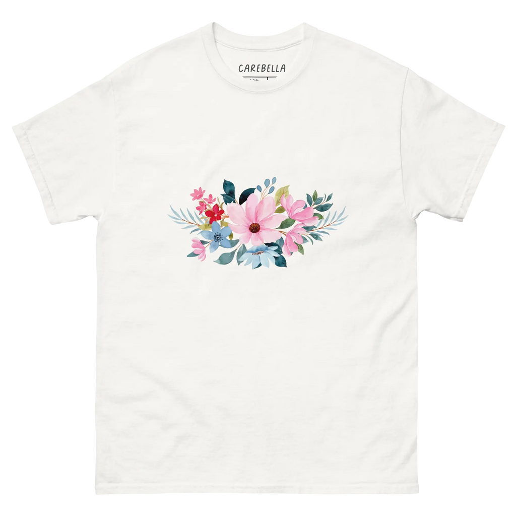 Navy Whisper | Flat lay of a floral t-shirt from our flower shirts collection | White shirt