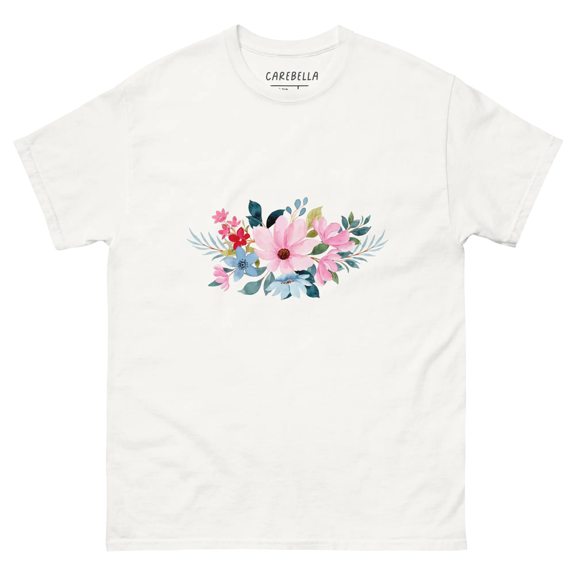 Navy Whisper | Flat lay of a floral t-shirt from our flower shirts collection | White shirt