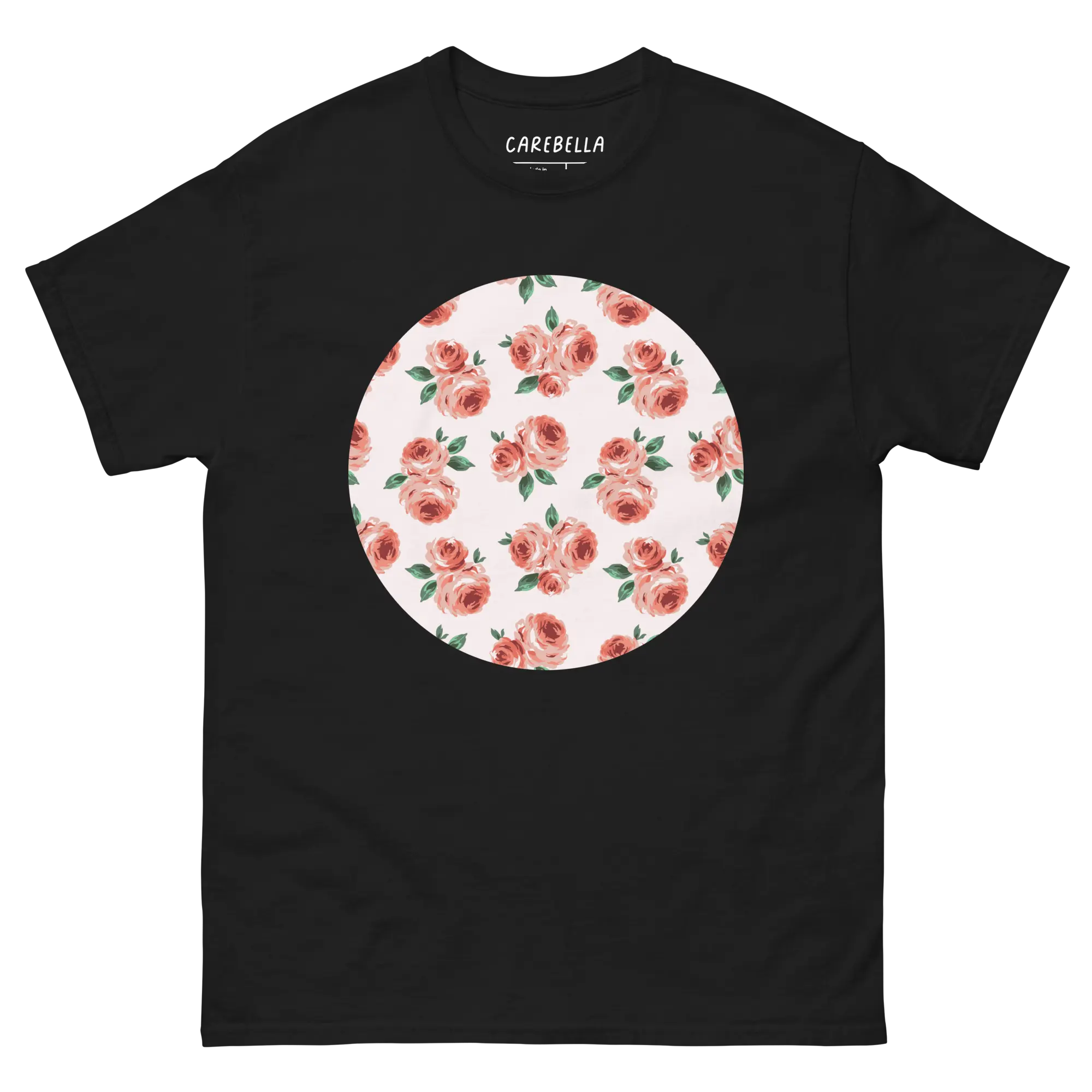 Peachfield | Flat lay of a floral t-shirt from our flower shirts collection | Black shirt