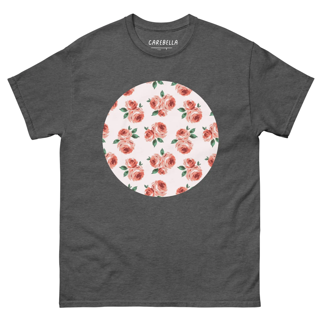 Peachfield | Flat lay of a floral t-shirt from our flower shirts collection | Gray shirt