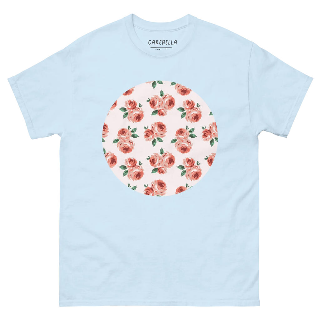Peachfield | Flat lay of a floral t-shirt from our flower shirts collection | Light Blue shirt
