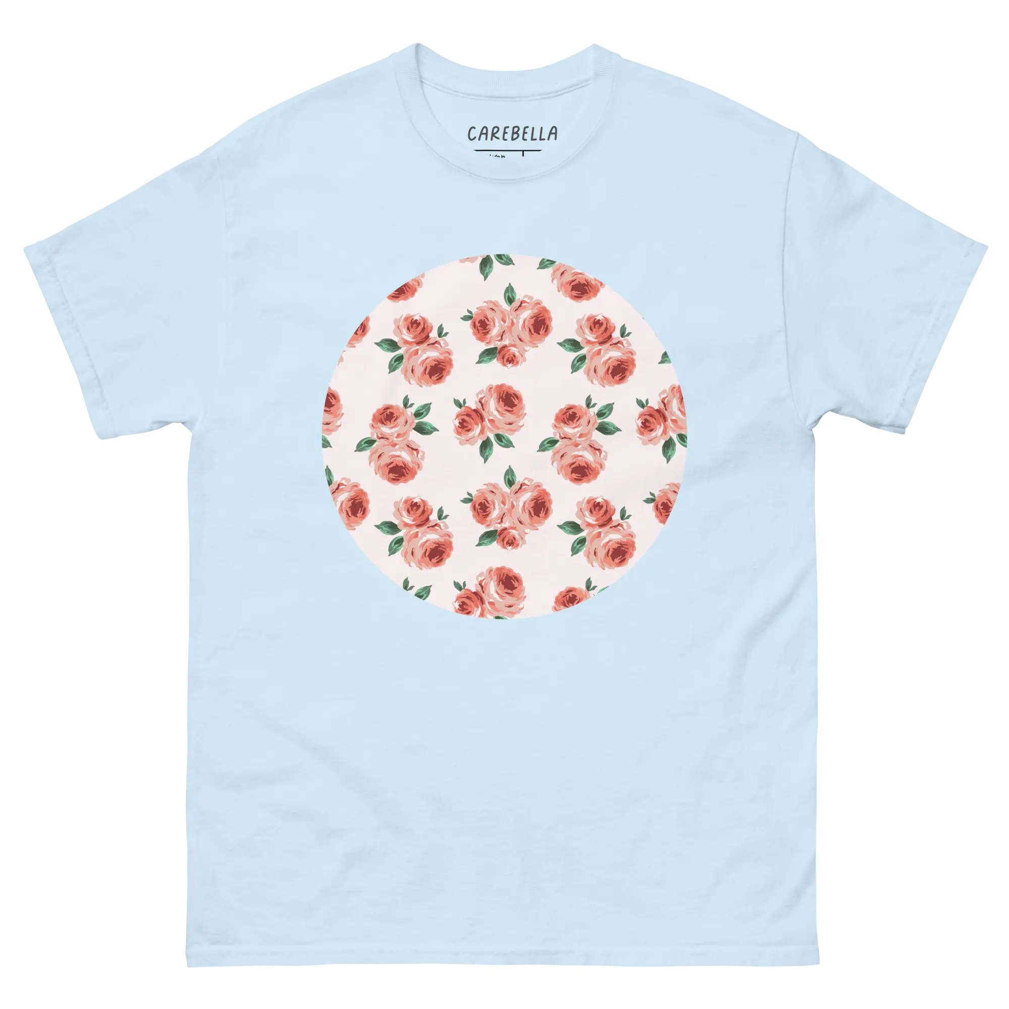 Peachfield | Flat lay of a floral t-shirt from our flower shirts collection | Light Blue shirt