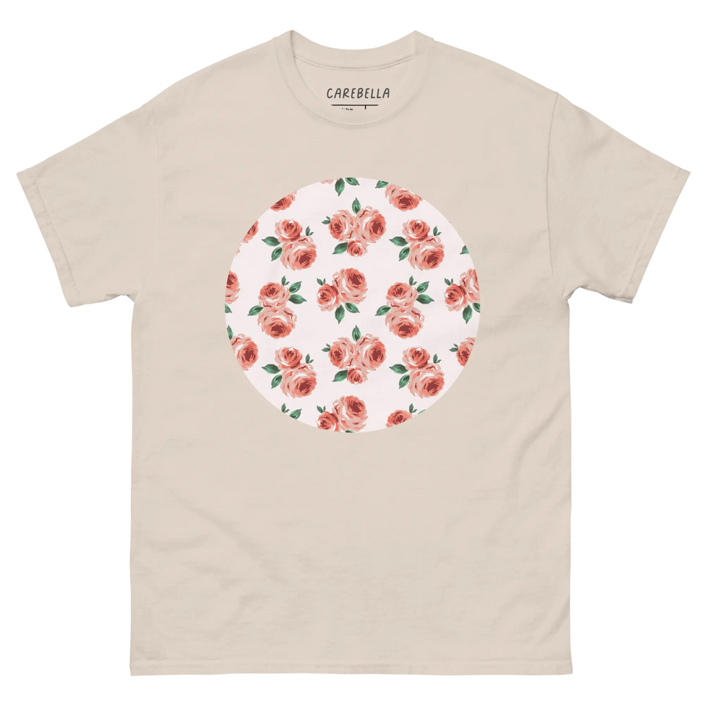 Peachfield | Flat lay of a floral t-shirt from our flower shirts collection | Natural shirt