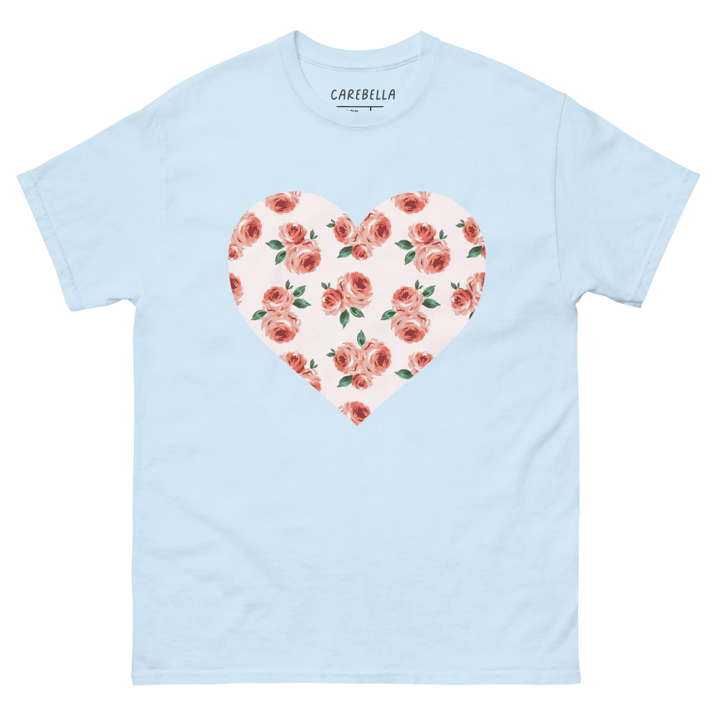 Peachfield | Flat lay of a floral t-shirt from our flower shirts collection | Light blue shirt