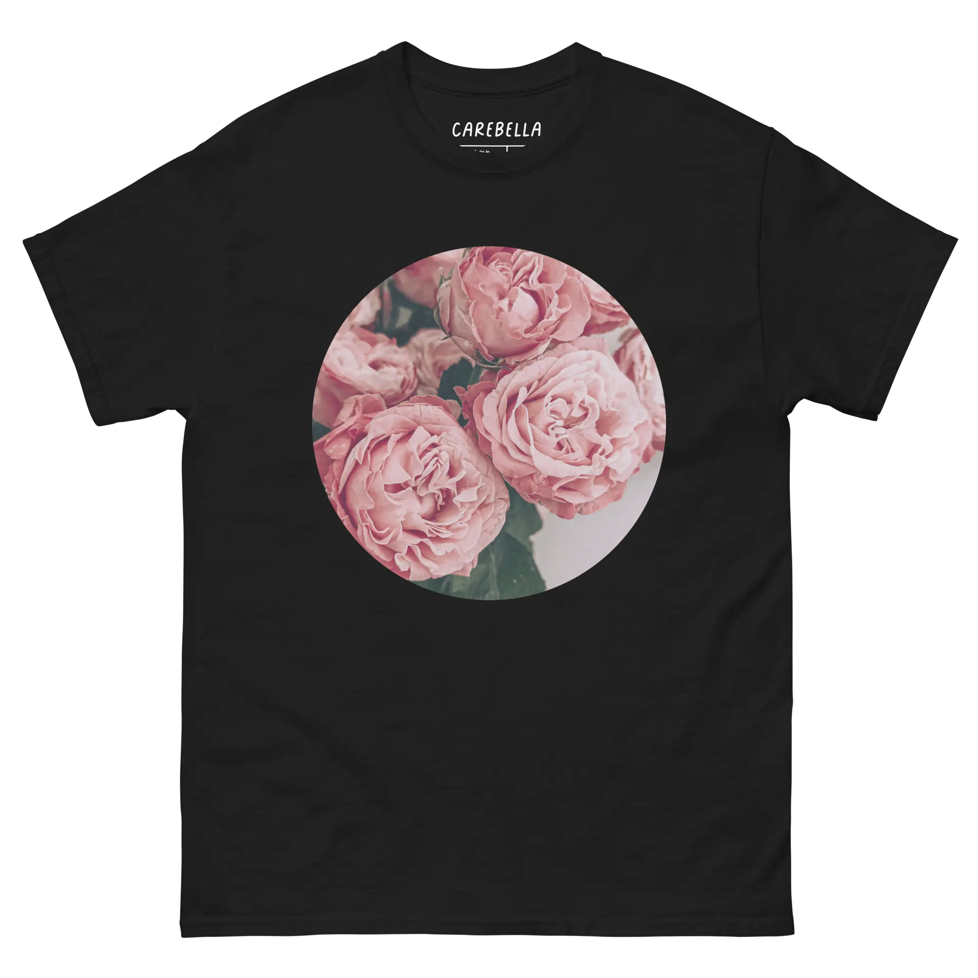 Pink Peonies | Flat lay of a floral t-shirt from our flower shirts collection | Black shirt