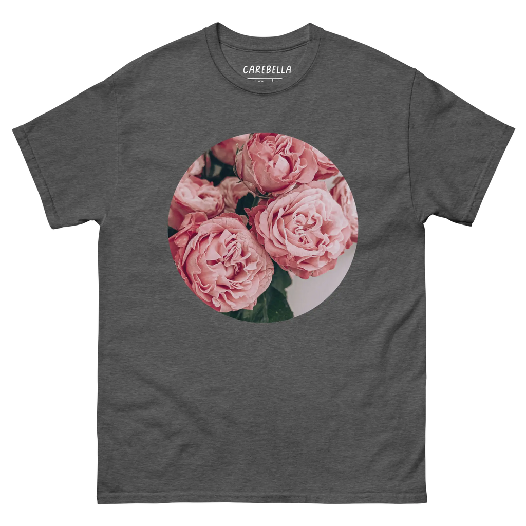 Pink Peonies | Flat lay of a floral t-shirt from our flower shirts collection | Gray shirt