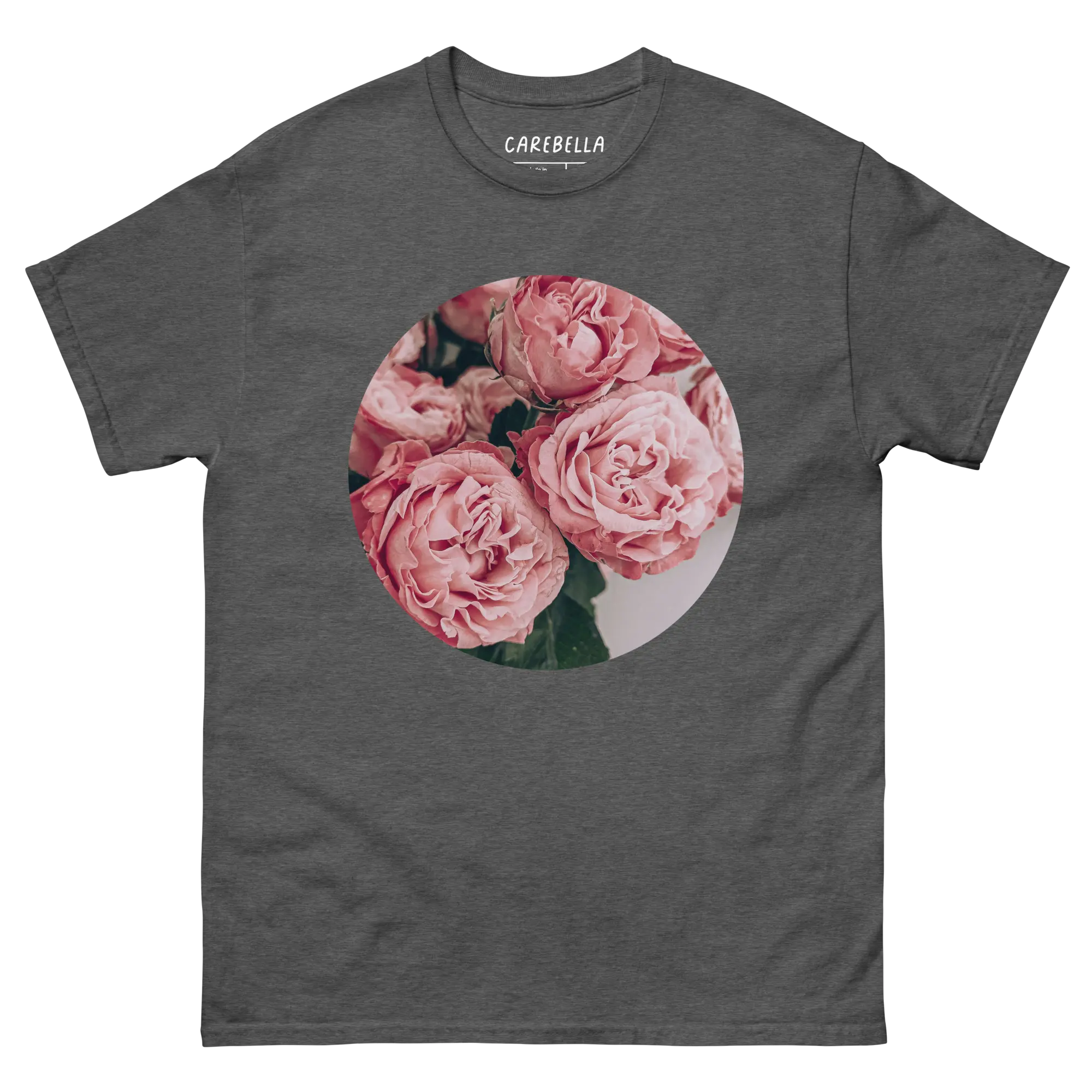Pink Peonies | Flat lay of a floral t-shirt from our flower shirts collection | Gray shirt