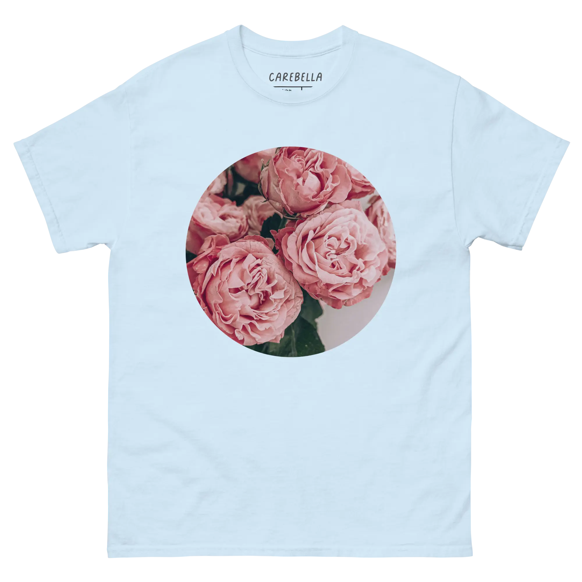 Pink Peonies | Flat lay of a floral t-shirt from our flower shirts collection | Light blue shirt