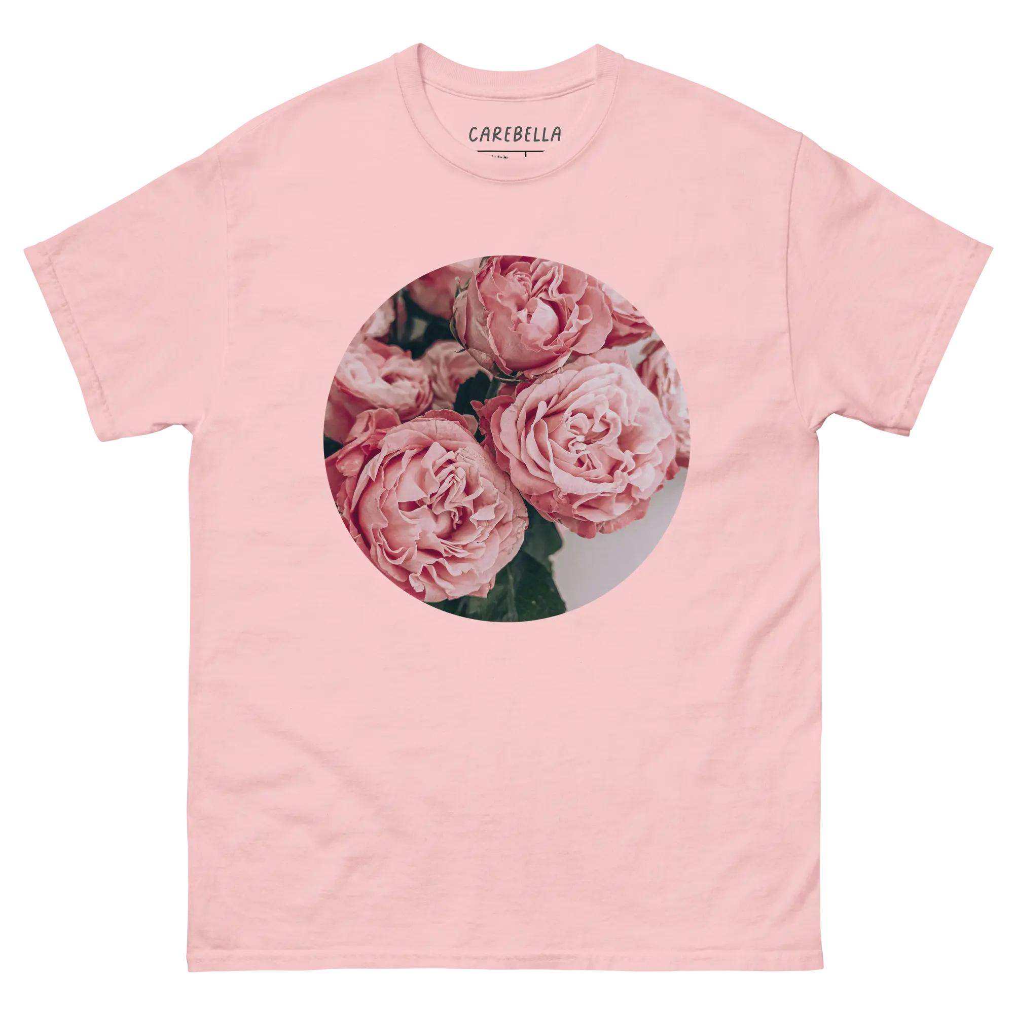 Pink Peonies | Flat lay of a floral t-shirt from our flower shirts collection | Light pink shirt