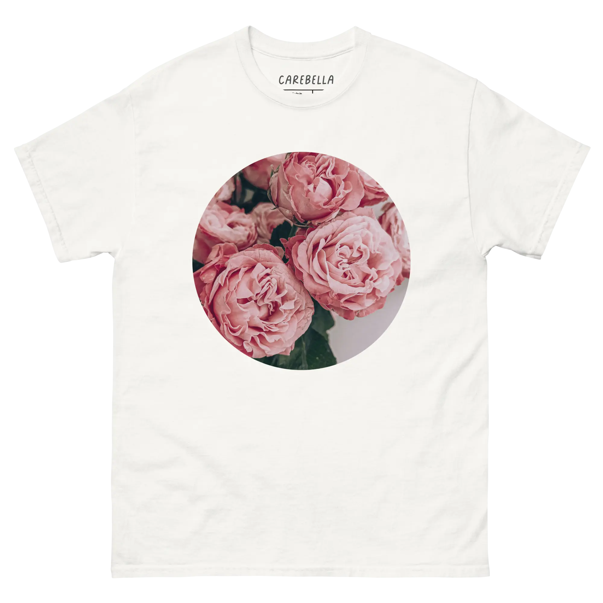 Pink Peonies | Flat lay of a floral t-shirt from our flower shirts collection | White shirt