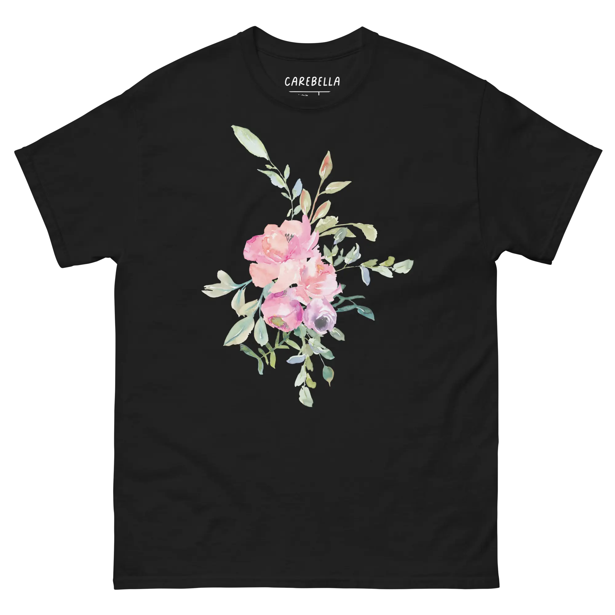 Pleasurelane | Flat lay of a floral t-shirt from our flower shirts collection | Black shirt