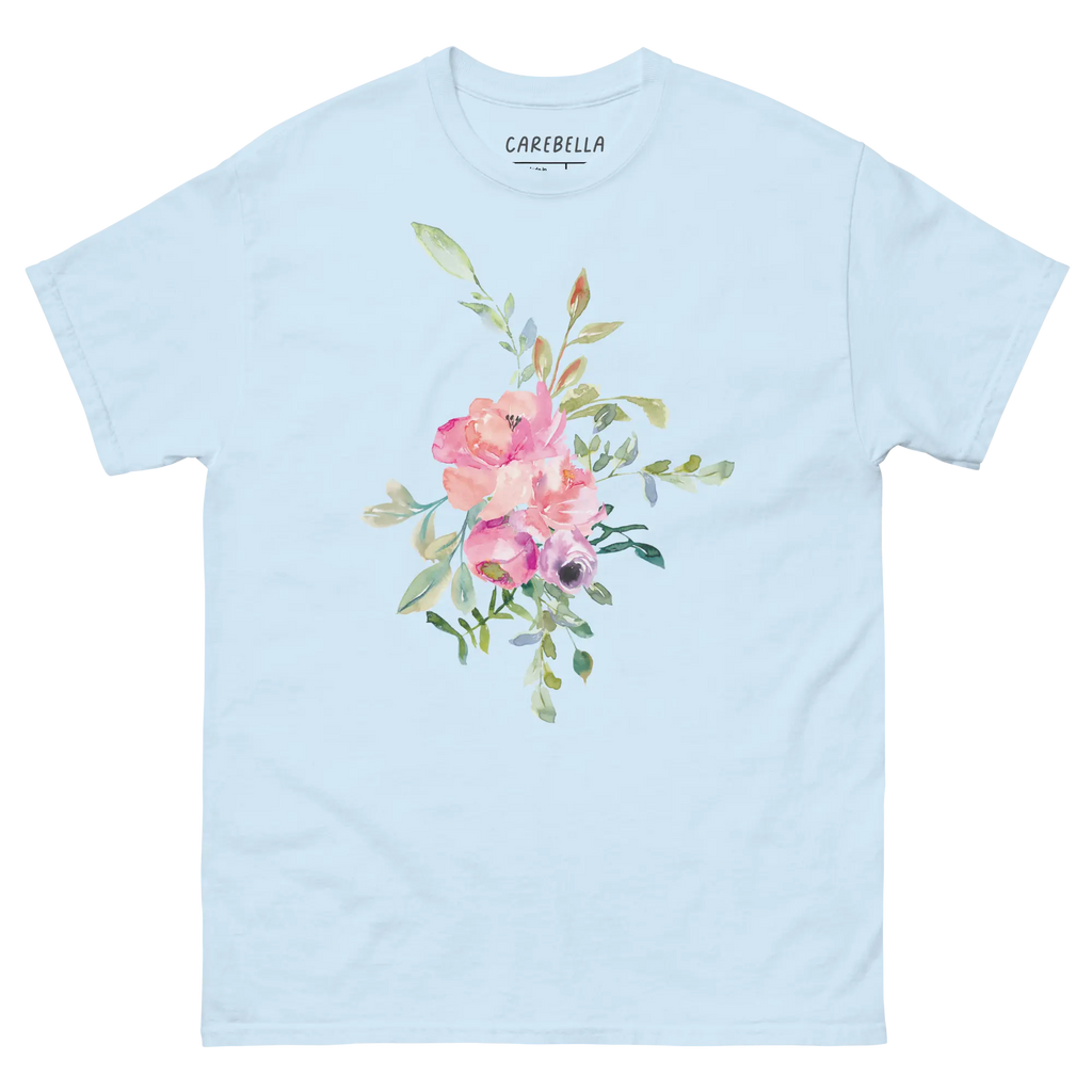 Pleasurelane | Flat lay of a floral t-shirt from our flower shirts collection | Light blue shirt