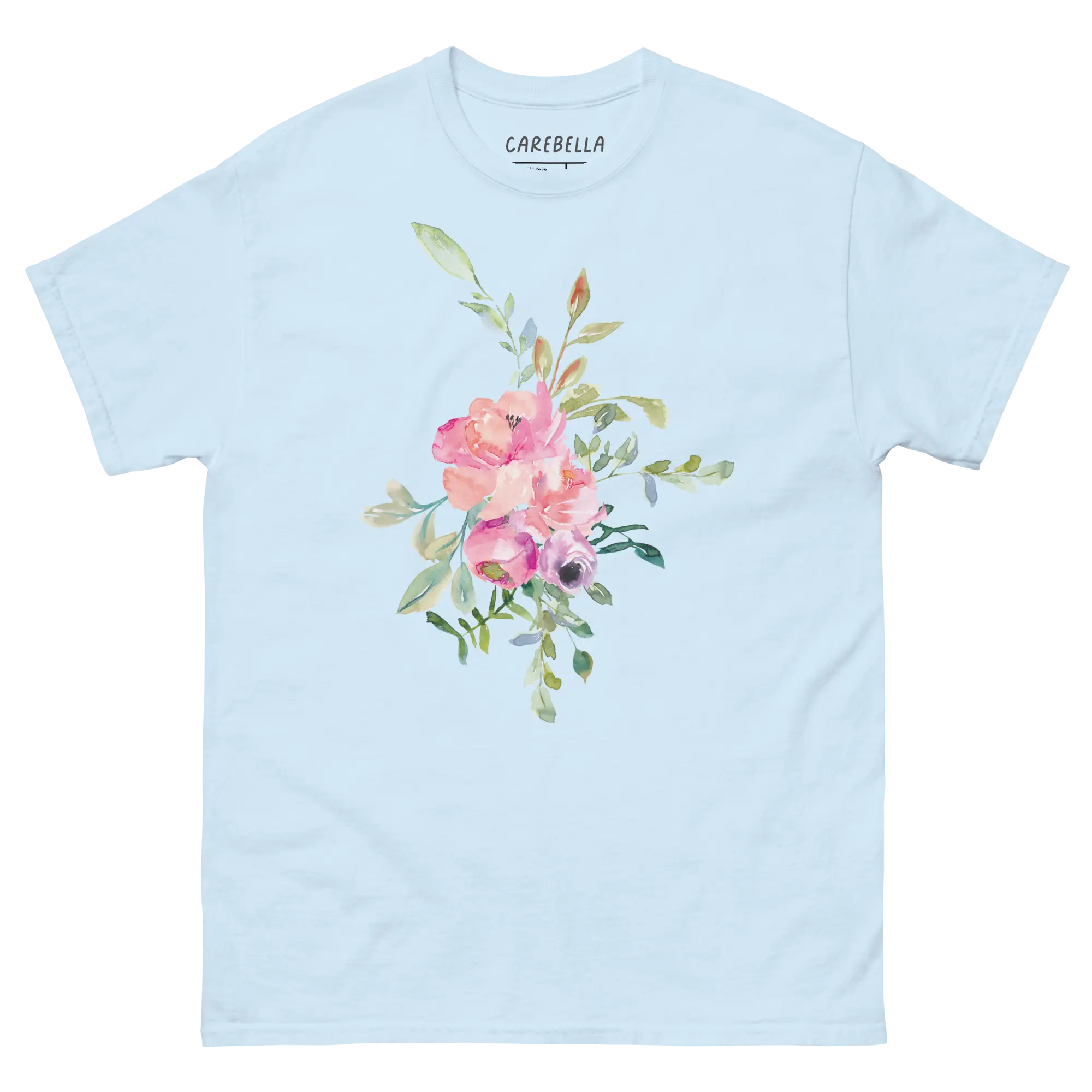 Pleasurelane | Flat lay of a floral t-shirt from our flower shirts collection | Light blue shirt