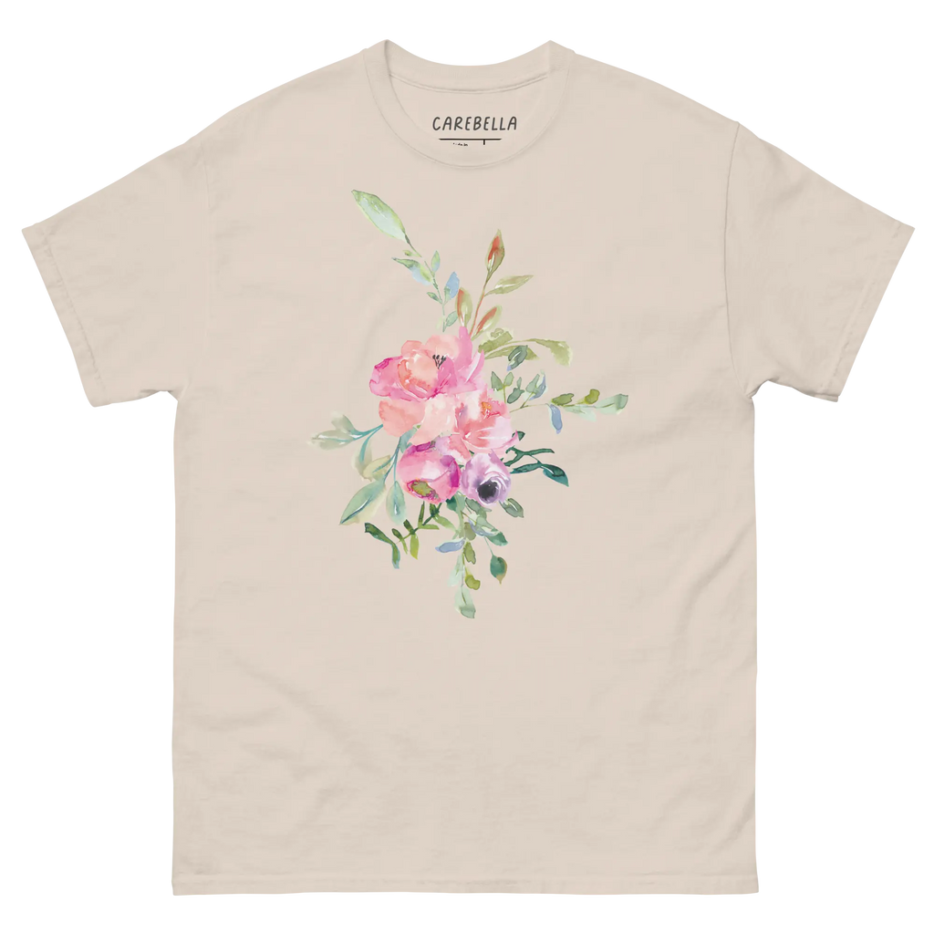 Pleasurelane | Flat lay of a floral t-shirt from our flower shirts collection | Natural shirt