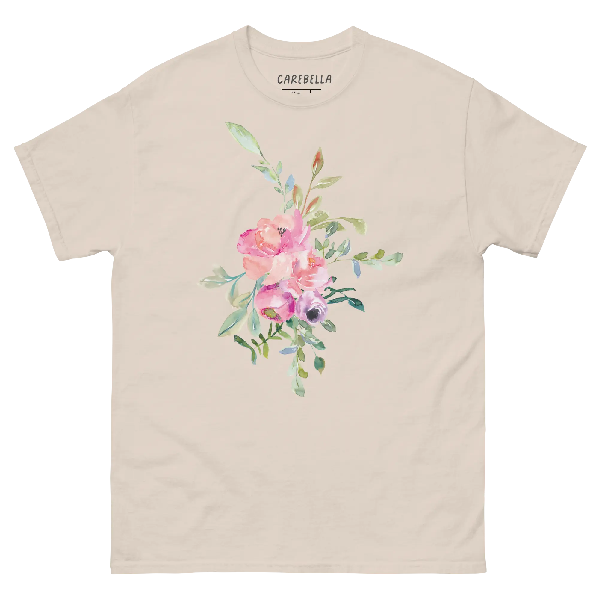 Pleasurelane | Flat lay of a floral t-shirt from our flower shirts collection | Natural shirt