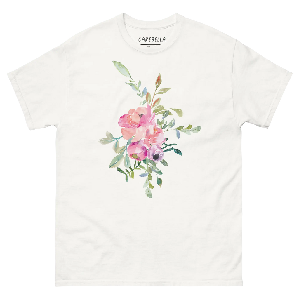 Pleasurelane | Flat lay of a floral t-shirt from our flower shirts collection | White shirt