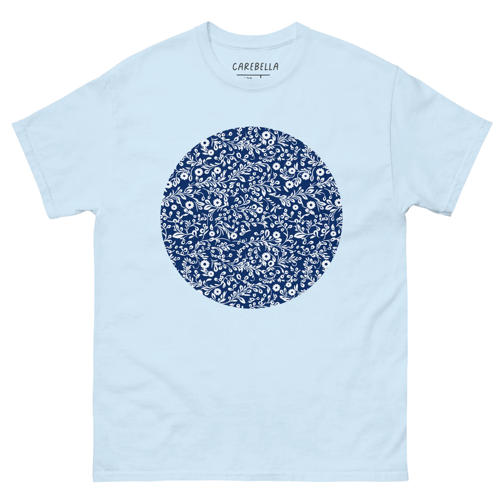 Porcelain VIne | Flat lay of a floral t-shirt from our flower shirts collection | Light blue shirt