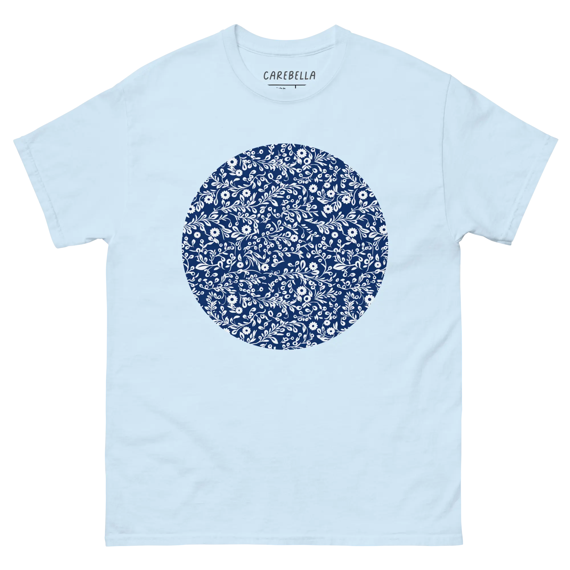 Porcelain VIne | Flat lay of a floral t-shirt from our flower shirts collection | Light blue shirt
