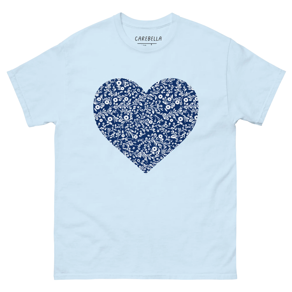 Porcelain VIne | Flat lay of a floral t-shirt from our flower shirts collection | Light blue shirt