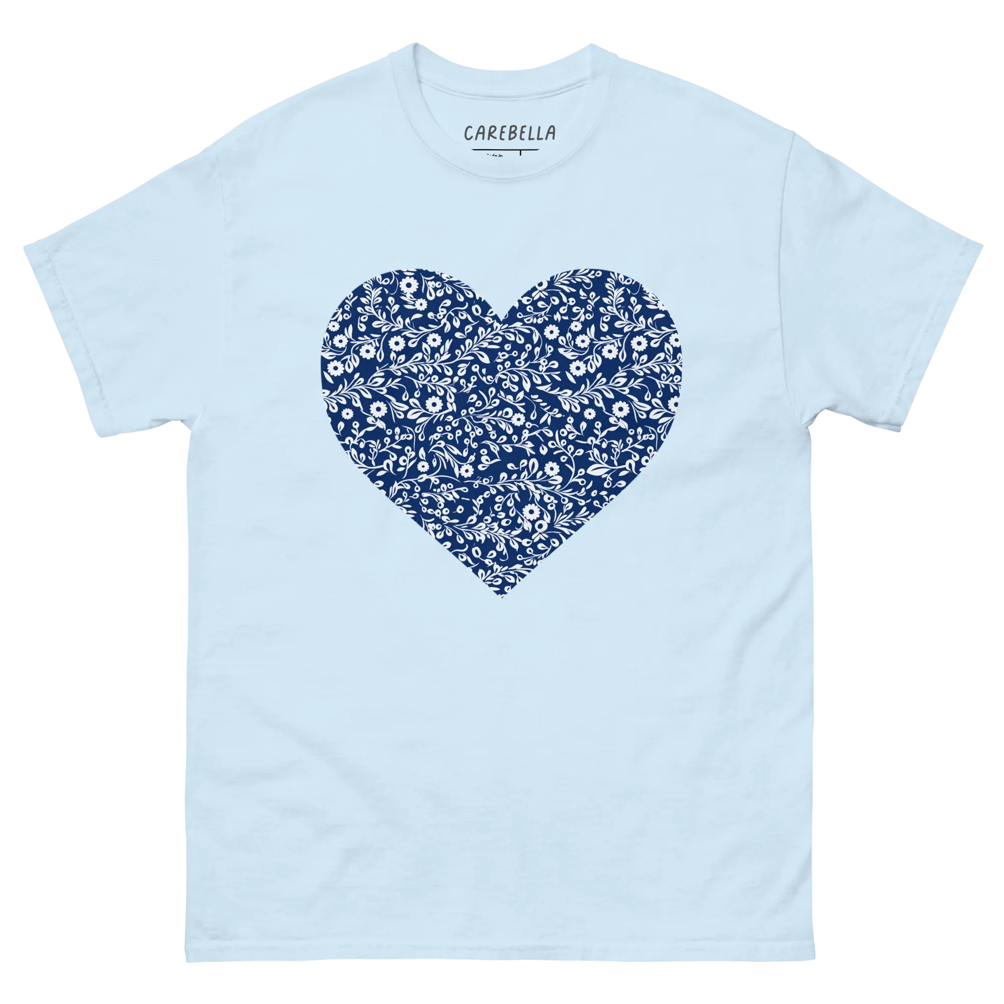 Porcelain VIne | Flat lay of a floral t-shirt from our flower shirts collection | Light blue shirt
