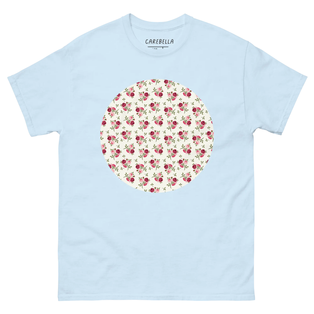 Rose Bundle | Flat lay of a floral t-shirt from our flower shirts collection | Light blue shirt