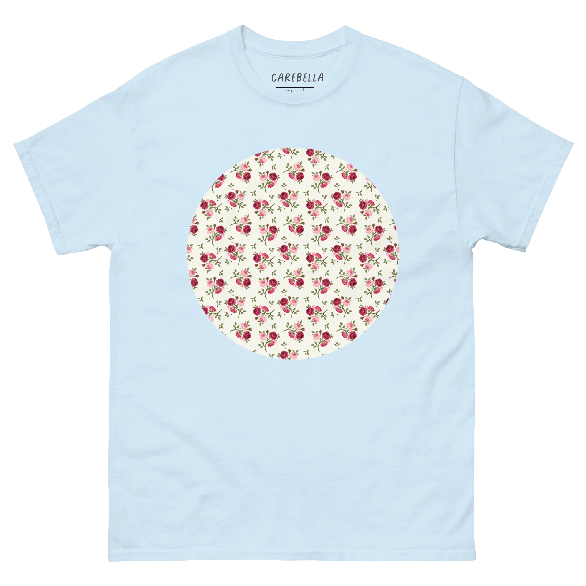 Rose Bundle | Flat lay of a floral t-shirt from our flower shirts collection | Light blue shirt