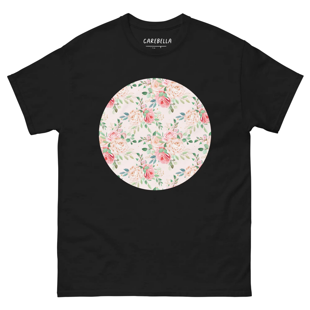 Rose Chic | Flat lay of a floral t-shirt from our flower shirts collection | Black shirt