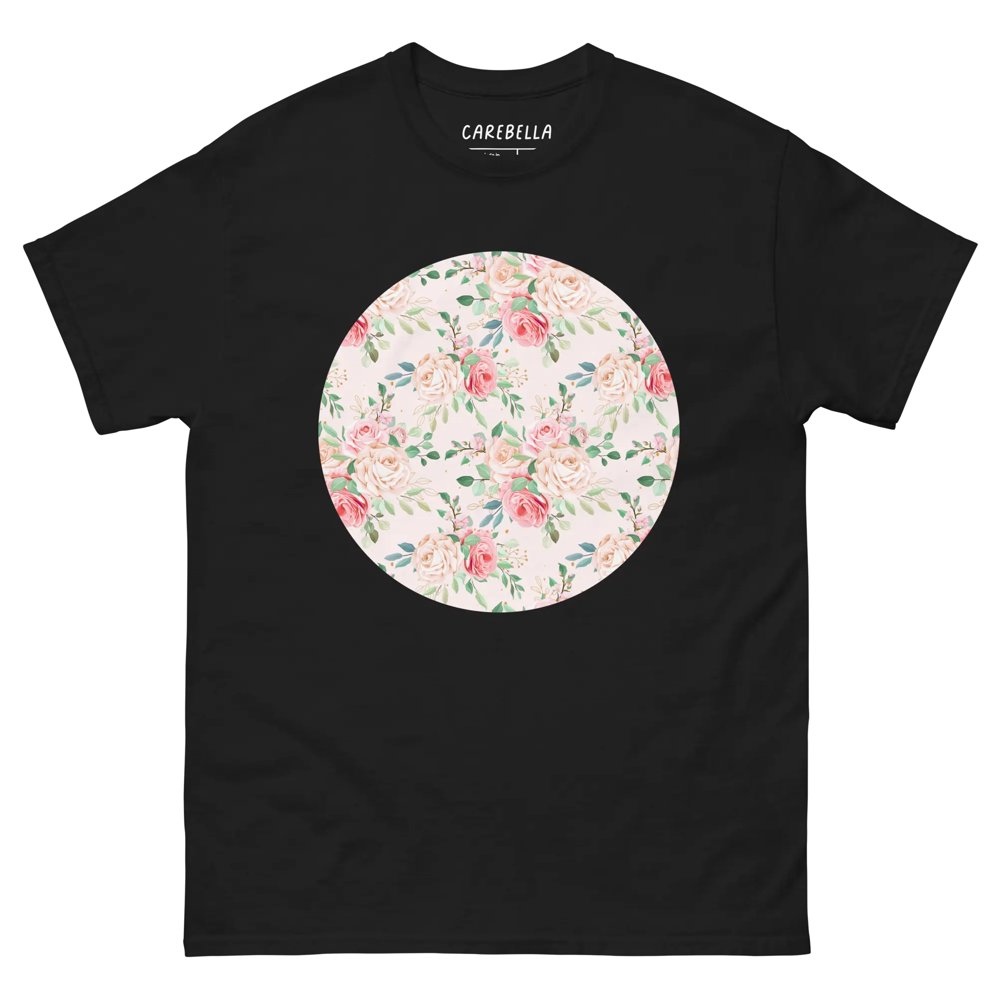 Rose Chic | Flat lay of a floral t-shirt from our flower shirts collection | Black shirt